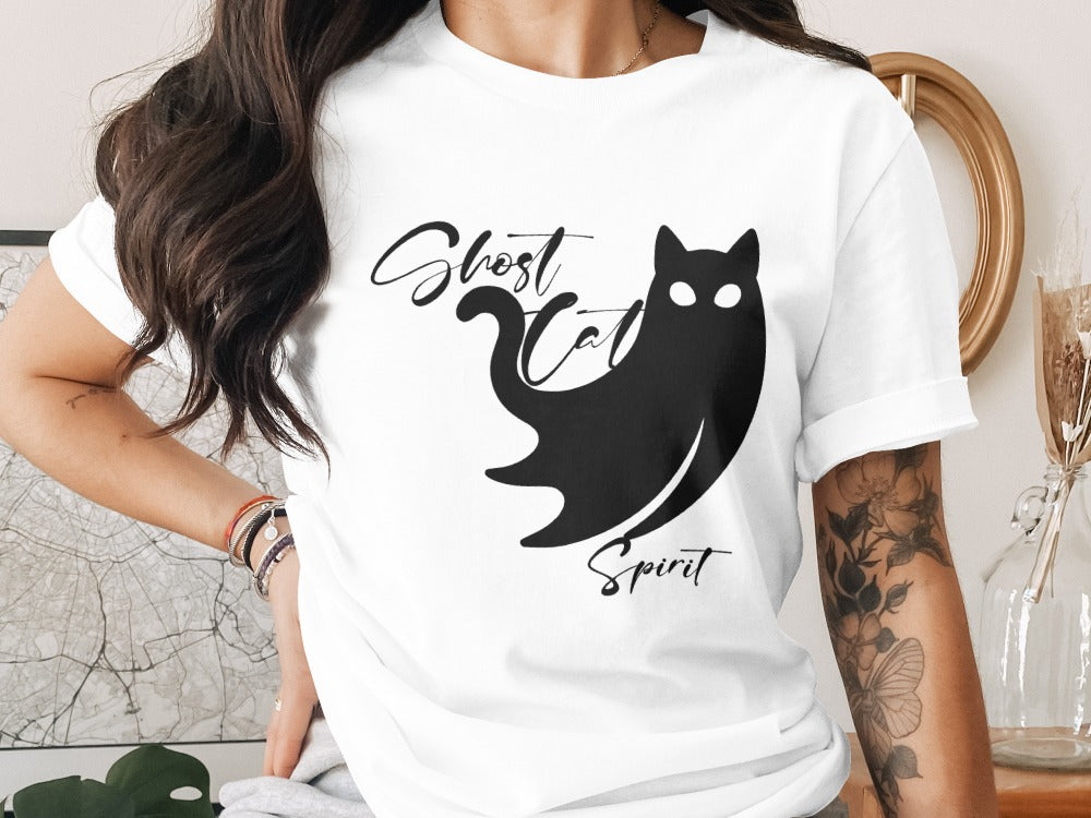Skeleton Halloween Black Ghost Cat Spirit Cat Pumpkin Ghost Spooky Season T-Shirt