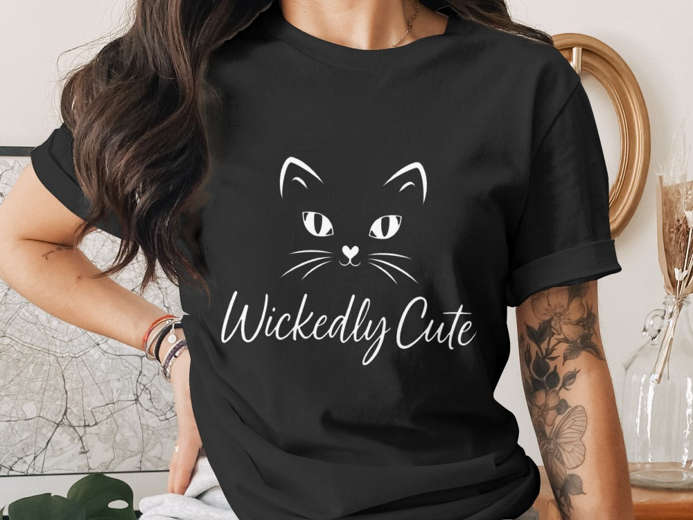 Wickedly Cute Halloween Black Cat Pumpkin Ghost Spooky Season T-Shirt