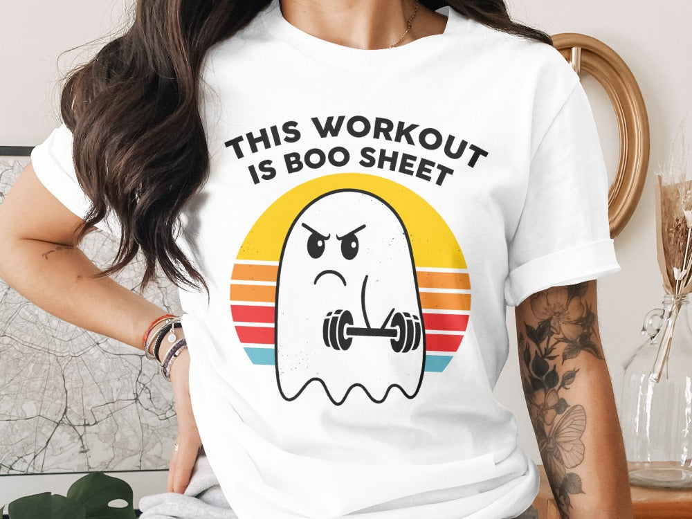 Working Out Ghost Gym Halloween Fitness Weightlifting Horror Exercise T-Shirt