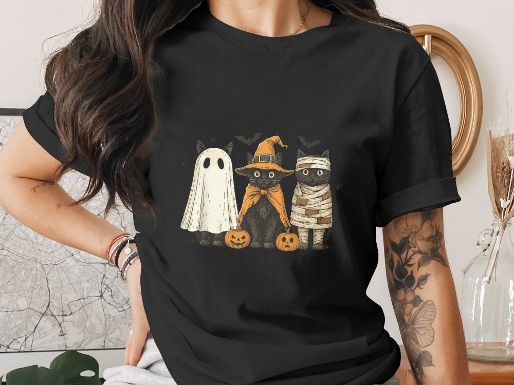 Halloween Cats Spooky Season Fall keleton Halloween Black Cat Pumpkin Ghost Spooky Season T-Shirt