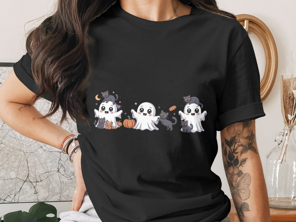 Cute Halloween Cat Ghosts Halloween Black Cat Pumpkin Ghost Spooky Season T-Shirt