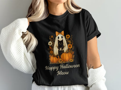 Happy Halloween Cat T-Shirt Skeleton Halloween Black Cat Pumpkin Ghost Spooky Season T-Shirt