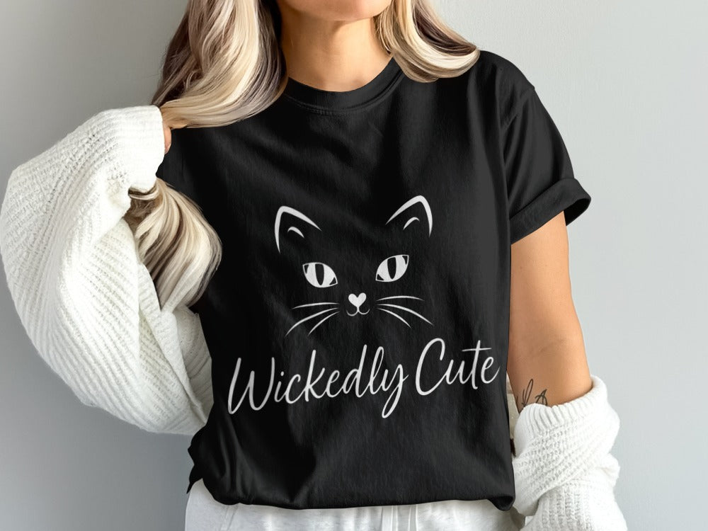 Wickedly Cute Halloween Black Cat Pumpkin Ghost Spooky Season T-Shirt