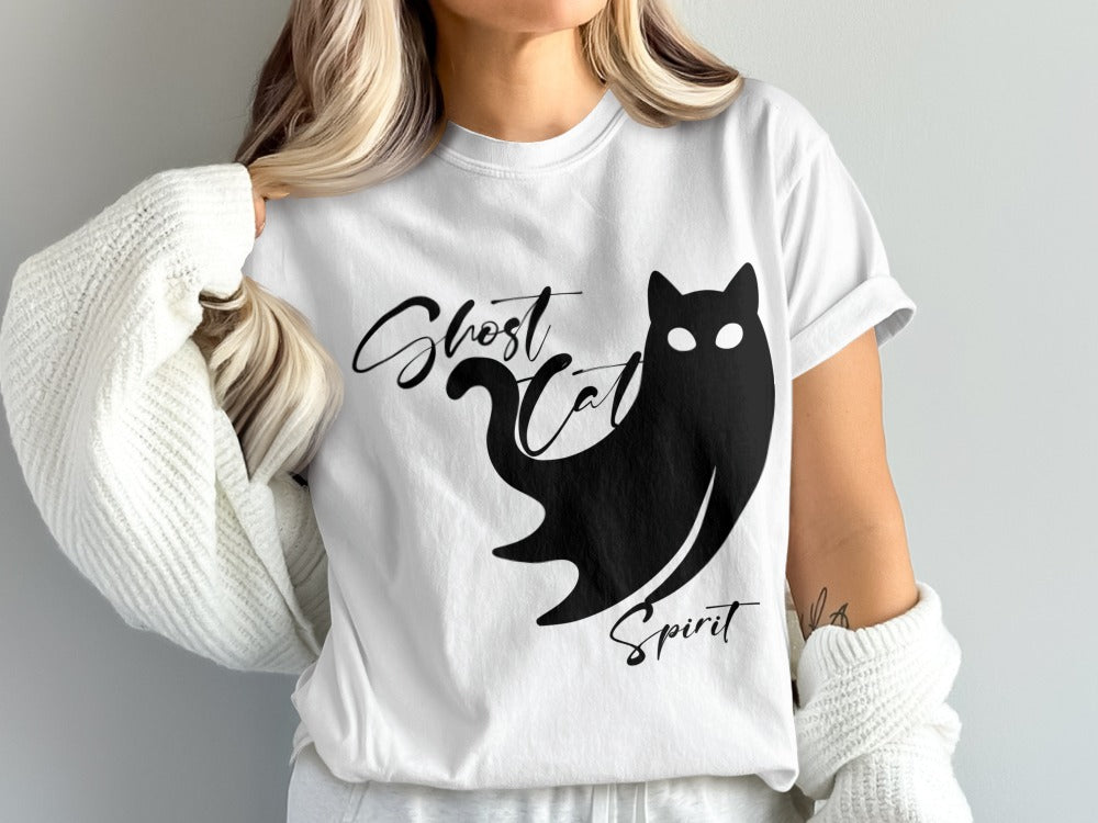 Skeleton Halloween Black Ghost Cat Spirit Cat Pumpkin Ghost Spooky Season T-Shirt