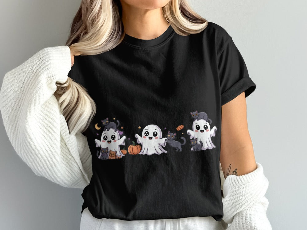 Cute Halloween Cat Ghosts Halloween Black Cat Pumpkin Ghost Spooky Season T-Shirt