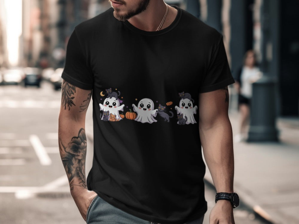 Cute Halloween Cat Ghosts Halloween Black Cat Pumpkin Ghost Spooky Season T-Shirt
