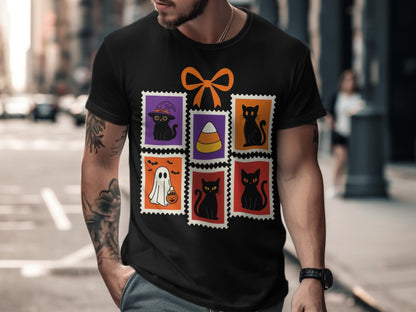 Halloween Cat T-Shirt, Cute Cat Tee Skeleton Halloween Black Cat Pumpkin Ghost Spooky Season T-Shirt