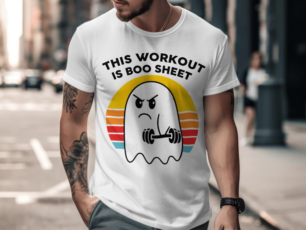 Working Out Ghost Gym Halloween Fitness Weightlifting Horror Exercise T-Shirt