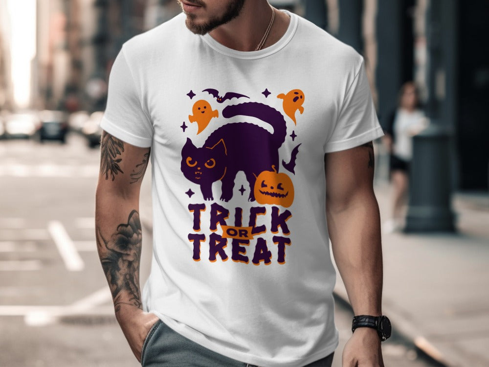 Skeleton Halloween Black Cat Trick Or Treat Pumpkin Ghost Spooky Season T-Shirt