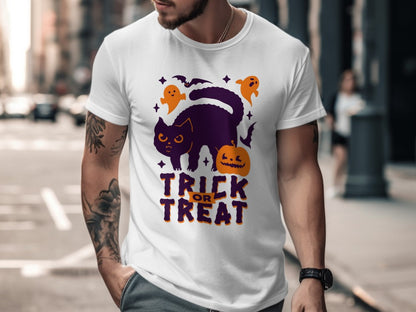Skeleton Halloween Black Cat Trick Or Treat Pumpkin Ghost Spooky Season T-Shirt