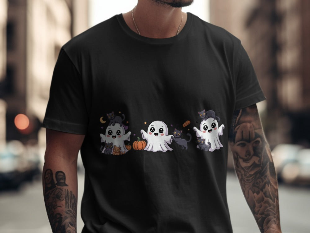 Cute Halloween Cat Ghosts Halloween Black Cat Pumpkin Ghost Spooky Season T-Shirt