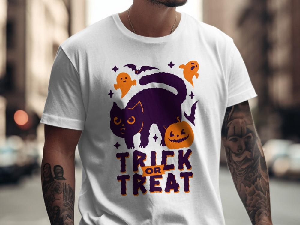 Skeleton Halloween Black Cat Trick Or Treat Pumpkin Ghost Spooky Season T-Shirt