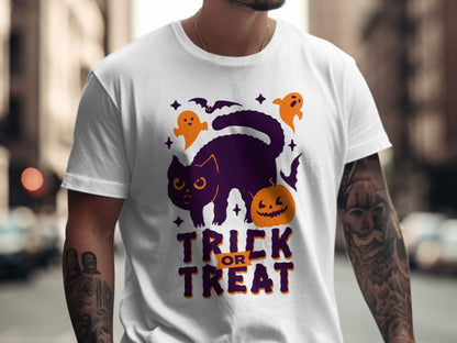 Skeleton Halloween Black Cat Trick Or Treat Pumpkin Ghost Spooky Season T-Shirt