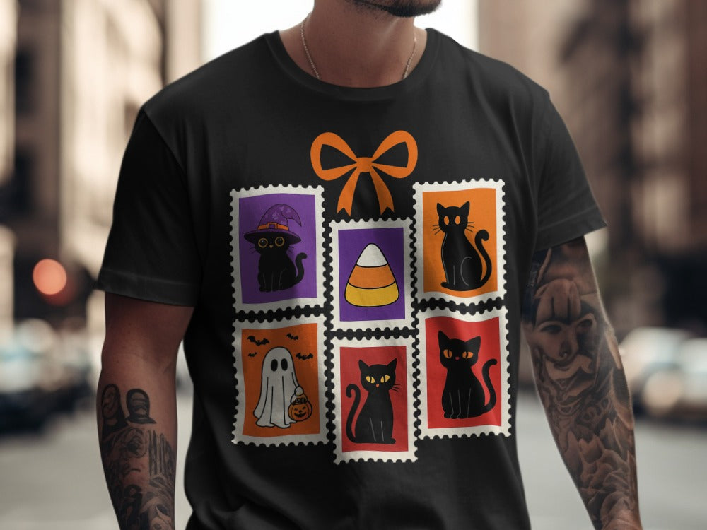 Halloween Cat T-Shirt, Cute Cat Tee Skeleton Halloween Black Cat Pumpkin Ghost Spooky Season T-Shirt