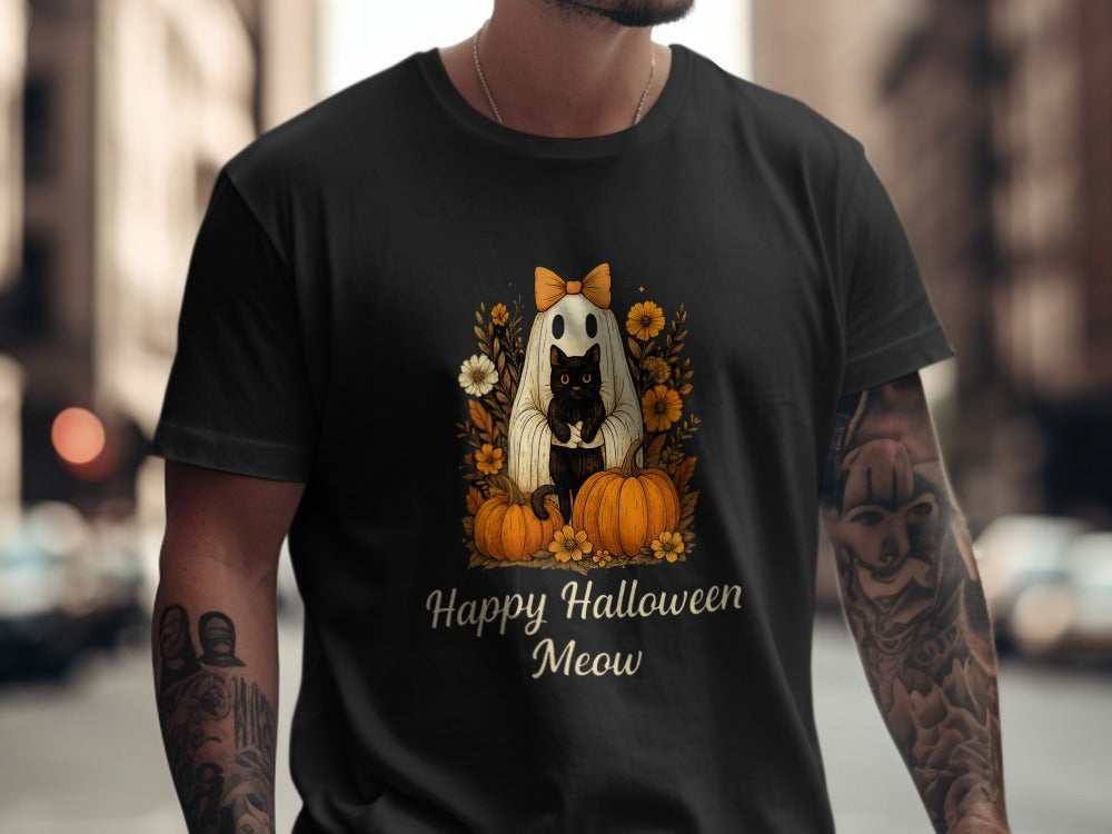 Happy Halloween Cat T-Shirt Skeleton Halloween Black Cat Pumpkin Ghost Spooky Season T-Shirt