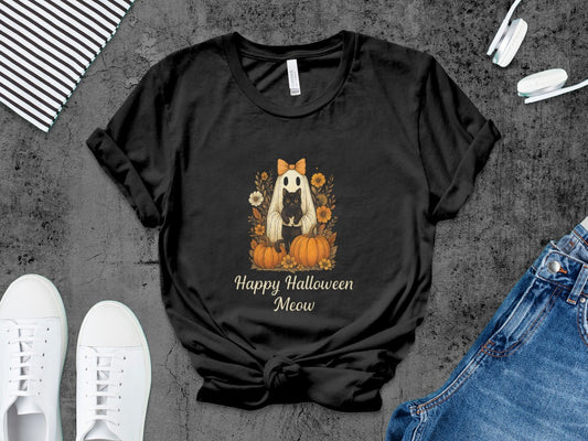 Happy Halloween Cat T-Shirt Skeleton Halloween Black Cat Pumpkin Ghost Spooky Season T-Shirt