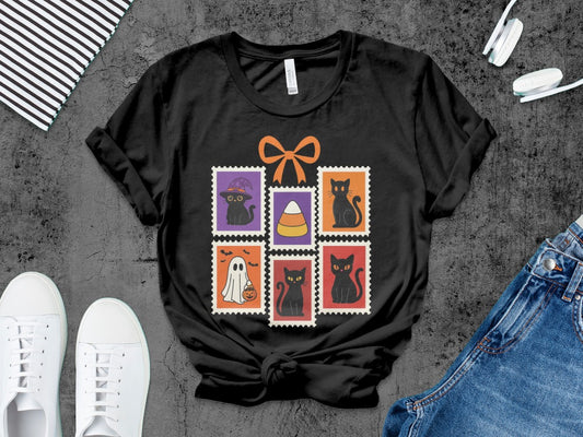 Halloween Cat T-Shirt, Cute Cat Tee Skeleton Halloween Black Cat Pumpkin Ghost Spooky Season T-Shirt