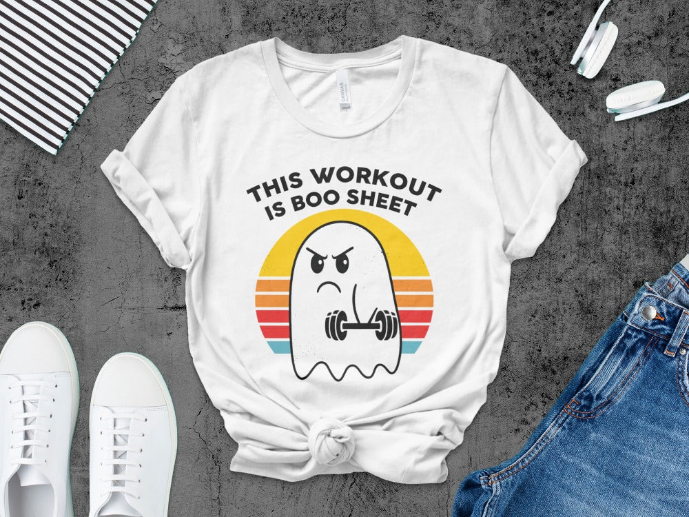 Working Out Ghost Gym Halloween Fitness Weightlifting Horror Exercise T-Shirt