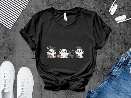 Cute Halloween Cat Ghosts Halloween Black Cat Pumpkin Ghost Spooky Season T-Shirt