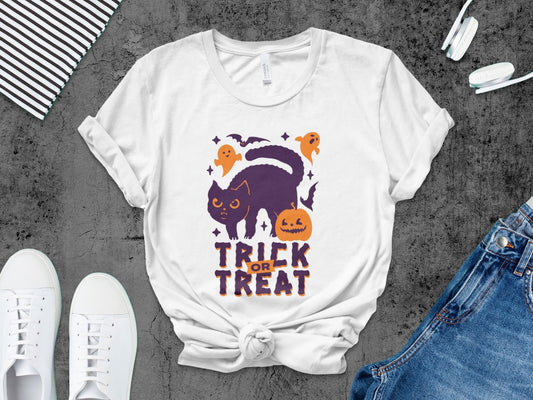 Skeleton Halloween Black Cat Trick Or Treat Pumpkin Ghost Spooky Season T-Shirt