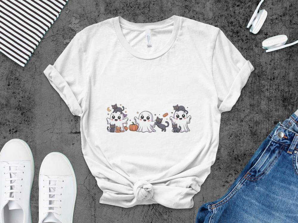 Cute Halloween Cat Ghosts Halloween Black Cat Pumpkin Ghost Spooky Season T-Shirt