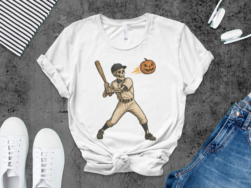Baseball Player Halloween Pumpkin Skeleton Ghost Boo Spooky T-Shirt
