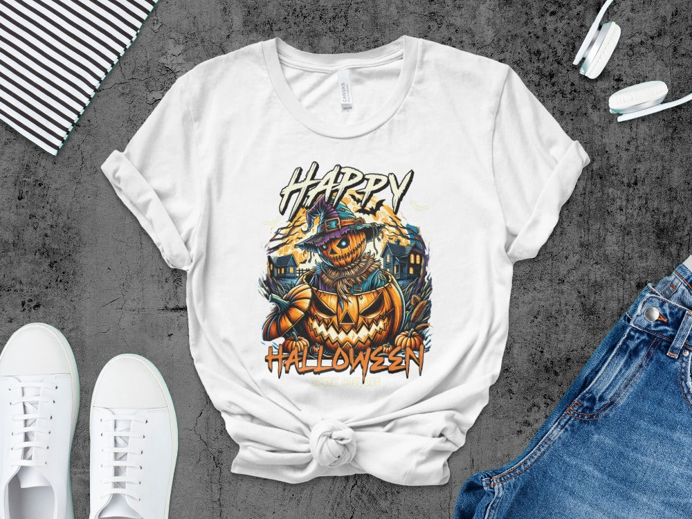Happy Halloween Unisex T-shirt, Spooky Scarecrow Tee, Fall Festival Apparel, Halloween Costume Top, Casual Holiday Wear