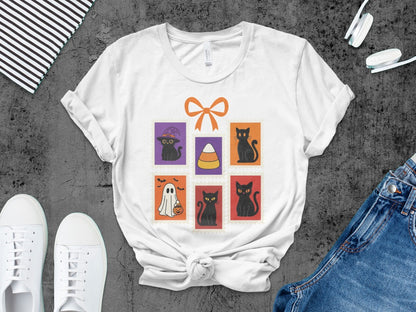 Halloween Cat T-Shirt, Cute Cat Tee Skeleton Halloween Black Cat Pumpkin Ghost Spooky Season T-Shirt