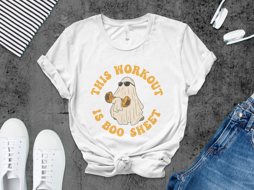 This Workout Is Boo Sheet Working Out Ghost Gym Halloween Fitness Weightlifting Horror Exercise T-Shirt
