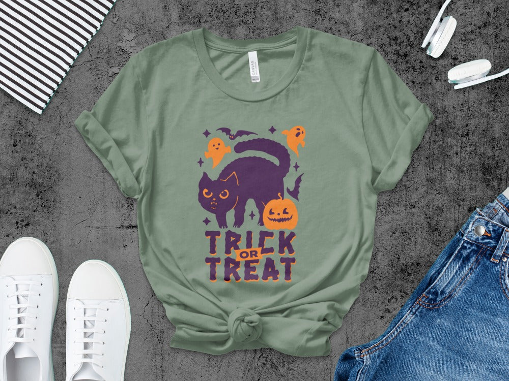 Skeleton Halloween Black Cat Trick Or Treat Pumpkin Ghost Spooky Season T-Shirt