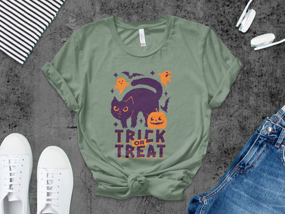 Skeleton Halloween Black Cat Trick Or Treat Pumpkin Ghost Spooky Season T-Shirt