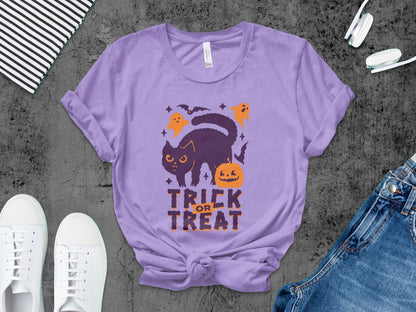 Skeleton Halloween Black Cat Trick Or Treat Pumpkin Ghost Spooky Season T-Shirt