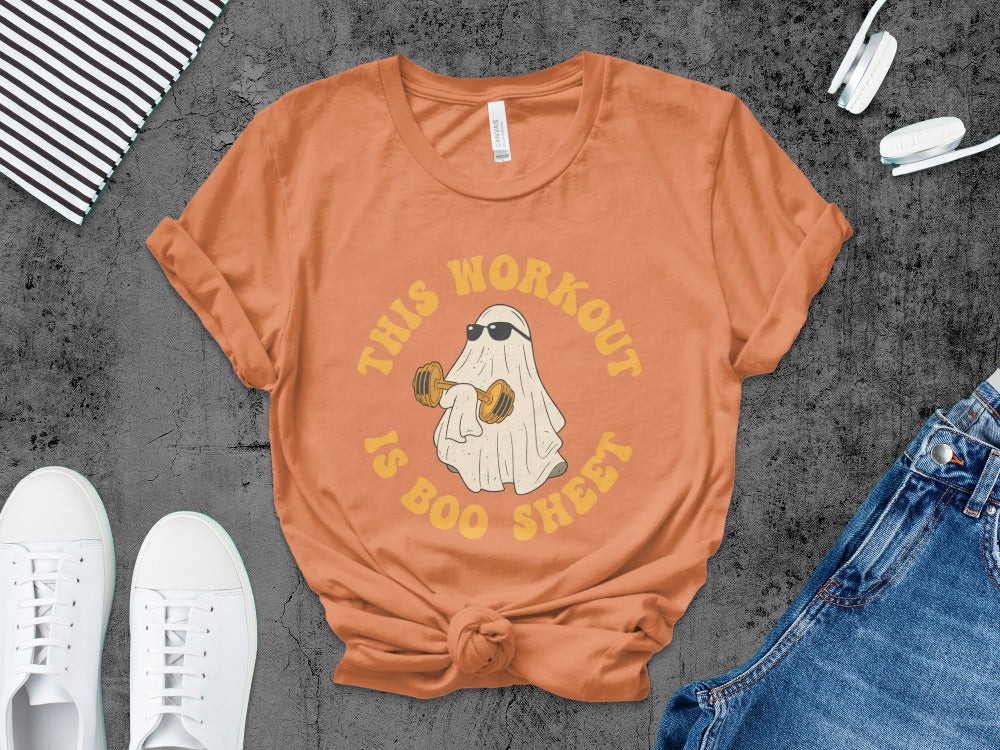 This Workout Is Boo Sheet Working Out Ghost Gym Halloween Fitness Weightlifting Horror Exercise T-Shirt