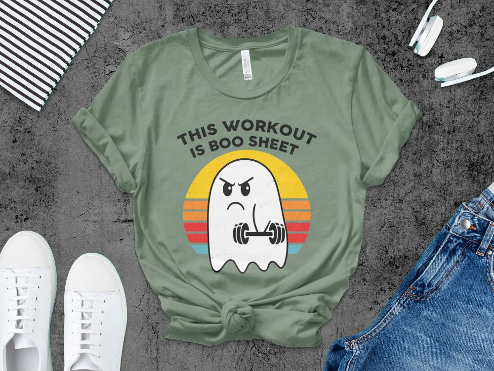 Working Out Ghost Gym Halloween Fitness Weightlifting Horror Exercise T-Shirt