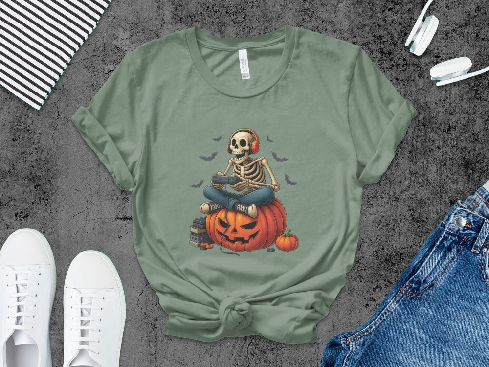 Funny Halloween Skeleton Gamer Video Gaming Spooky controller T-Shirt