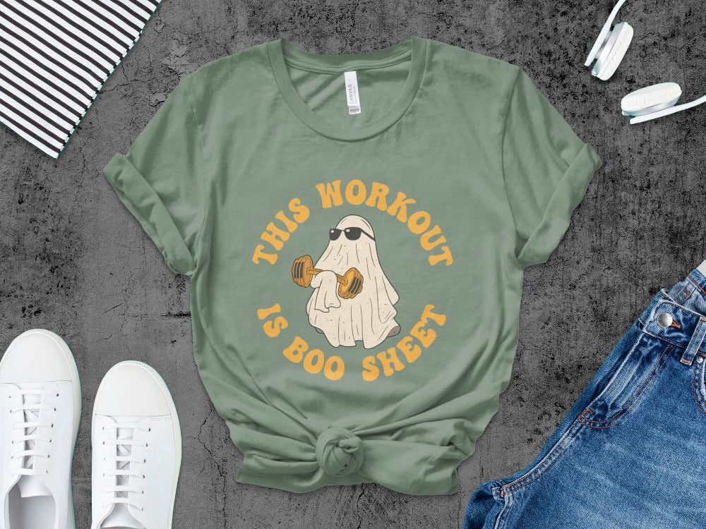 This Workout Is Boo Sheet Working Out Ghost Gym Halloween Fitness Weightlifting Horror Exercise T-Shirt