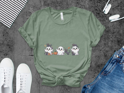 Cute Halloween Cat Ghosts Halloween Black Cat Pumpkin Ghost Spooky Season T-Shirt