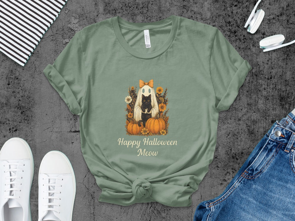 Happy Halloween Cat T-Shirt Skeleton Halloween Black Cat Pumpkin Ghost Spooky Season T-Shirt
