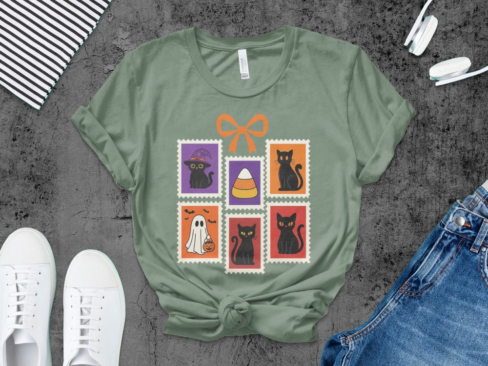 Halloween Cat T-Shirt, Cute Cat Tee Skeleton Halloween Black Cat Pumpkin Ghost Spooky Season T-Shirt