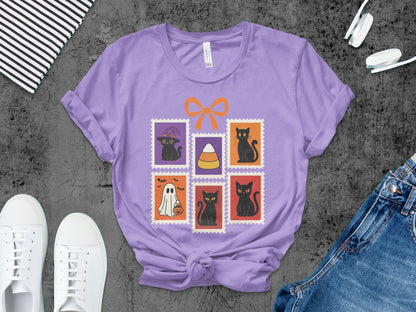 Halloween Cat T-Shirt, Cute Cat Tee Skeleton Halloween Black Cat Pumpkin Ghost Spooky Season T-Shirt