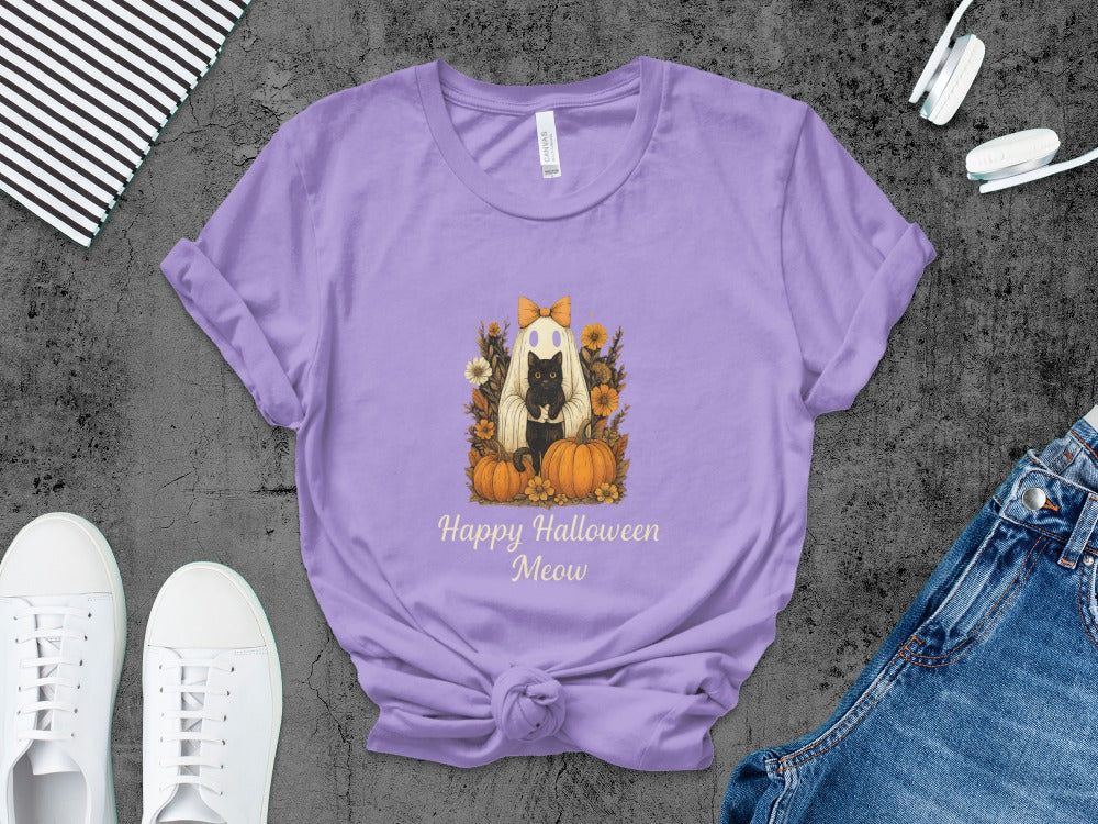 Happy Halloween Cat T-Shirt Skeleton Halloween Black Cat Pumpkin Ghost Spooky Season T-Shirt